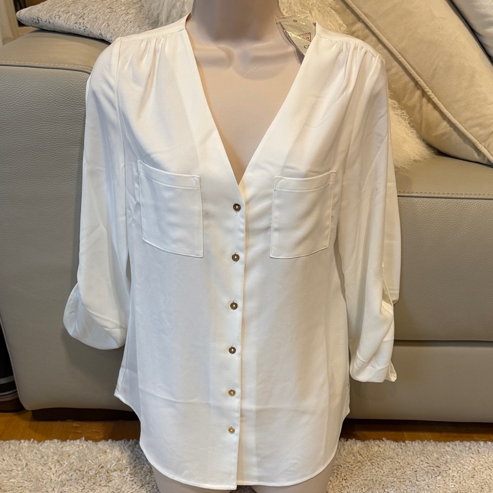 New guess white gold shirt top blouse small long sleeve shirt